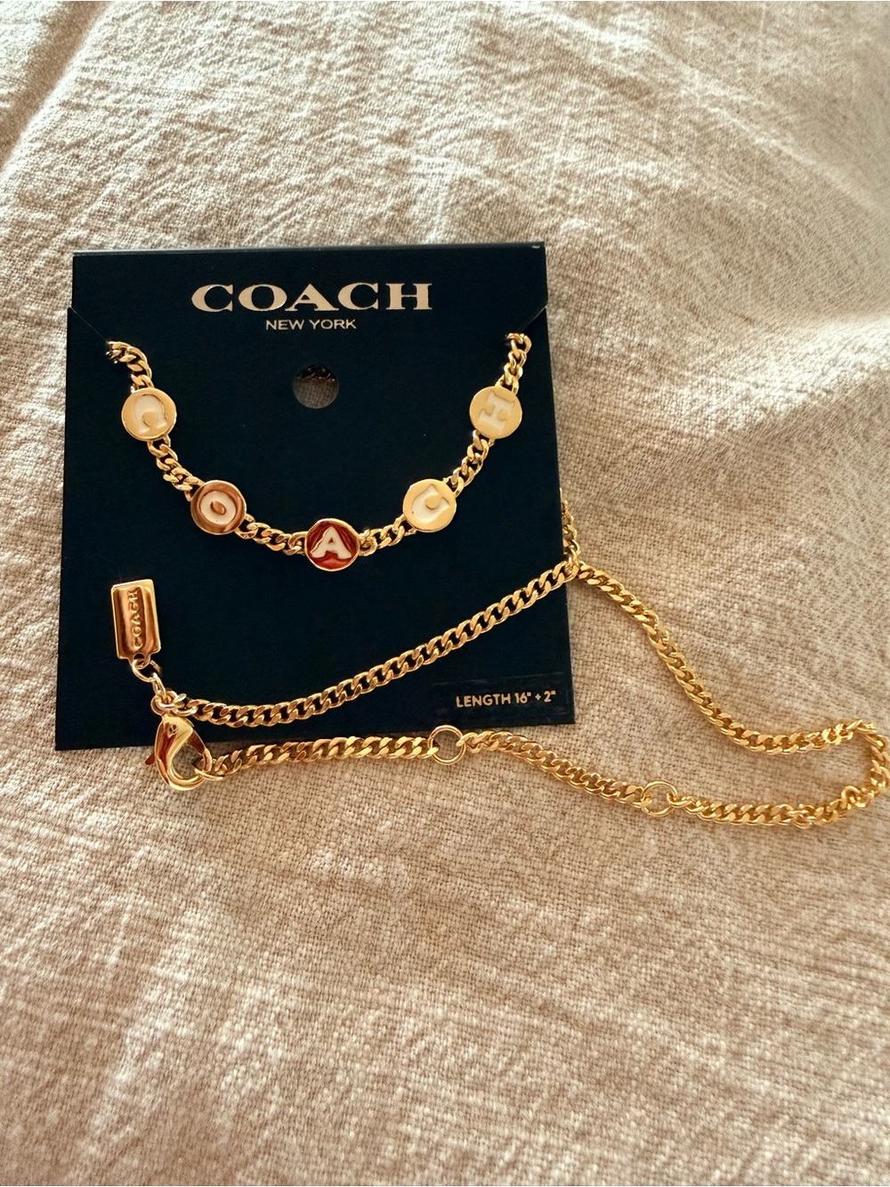 COACH Gold-Tone Logo Disc Chain Necklace with Cream Accent
